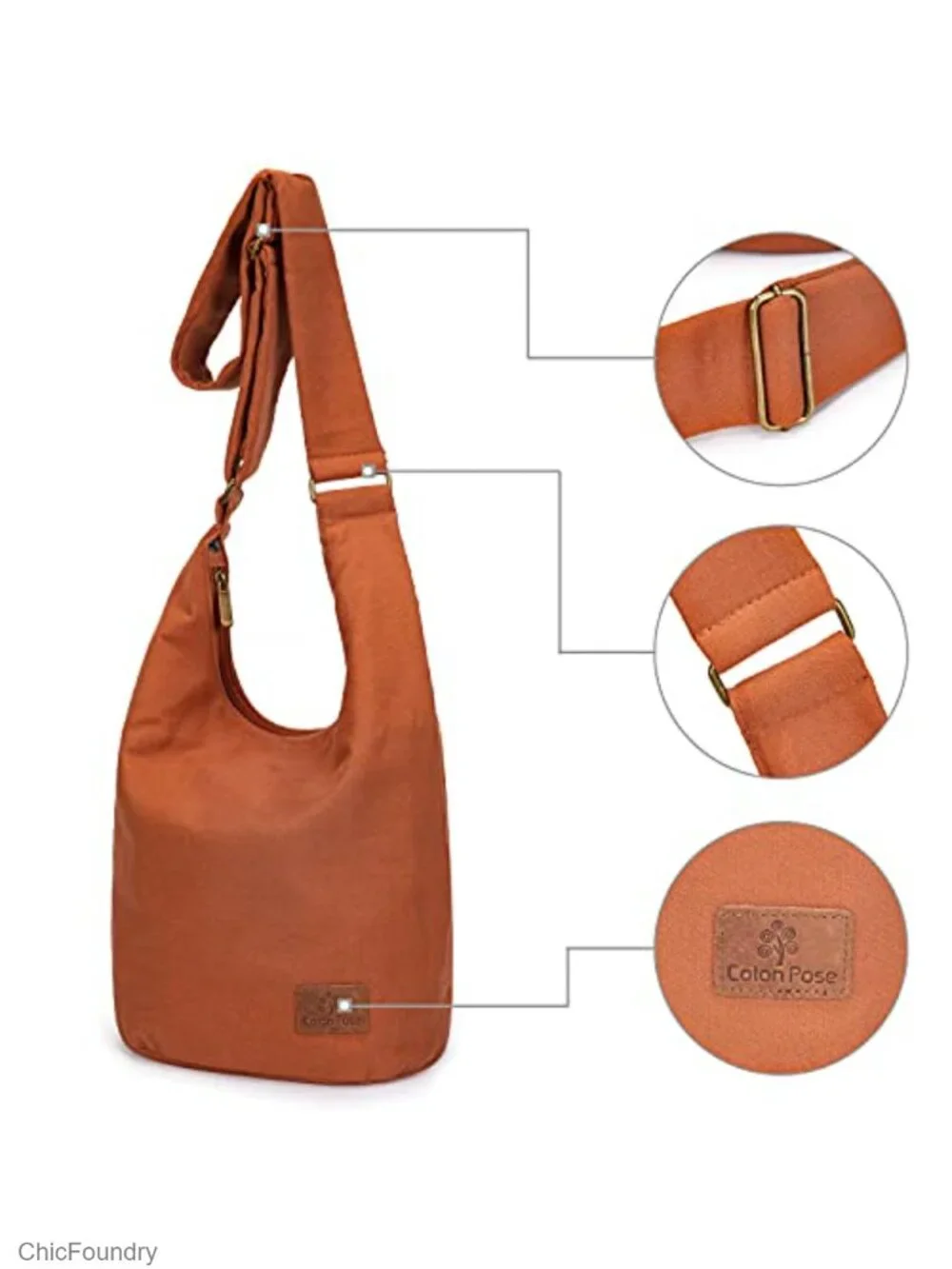 Large Canvas Hippie Crossbody Bag with Long Zipper - Woven Flower Sling